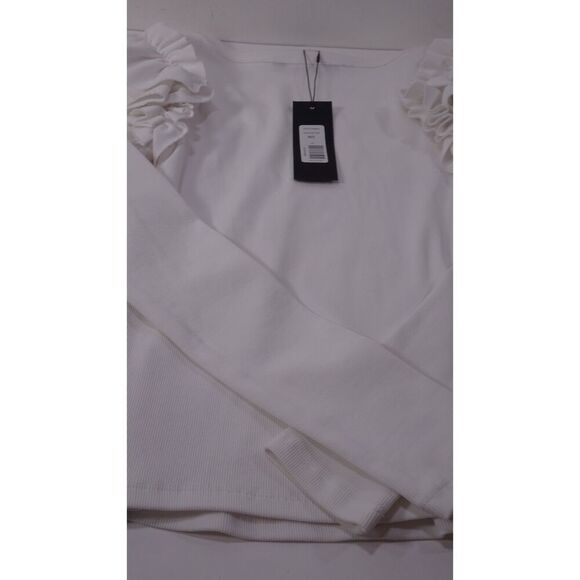 Veronica Beard Avedon Top White Ruffle Long Sleeve Ribbed top XS NWT 228 IRRG - Picture 10 of 15